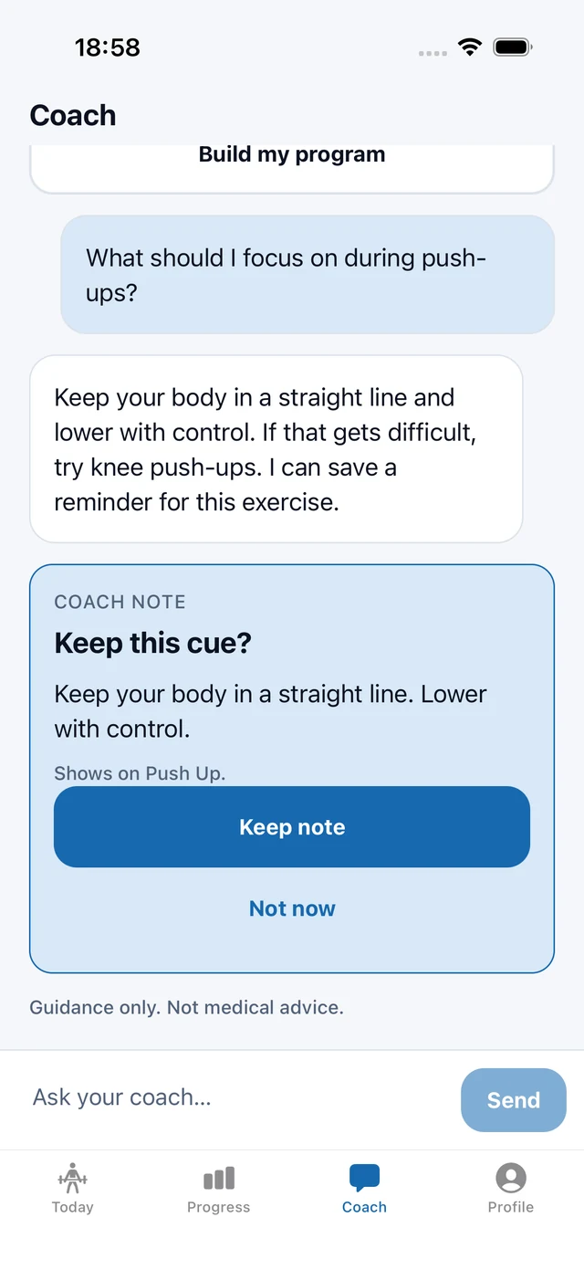 Example MyFitEra Coach conversation with a push-up question and an exercise note the user can keep.
