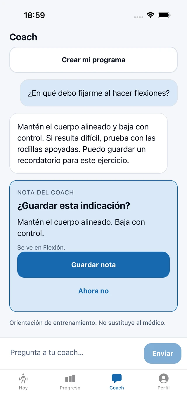 Conversación de ejemplo con el coach sobre flexiones y una nota que el usuario puede guardar para el ejercicio.