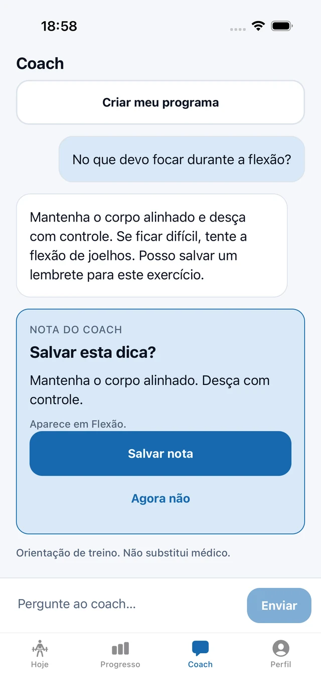 Exemplo de conversa com o coach sobre flexões e uma nota que pode ser salva para o exercício.