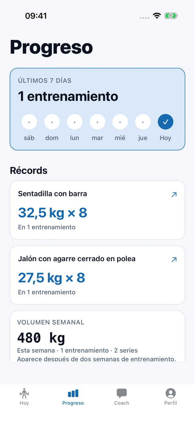Pantalla Progreso de MyFitEra con historial, récords y volumen semanal con datos de ejemplo.