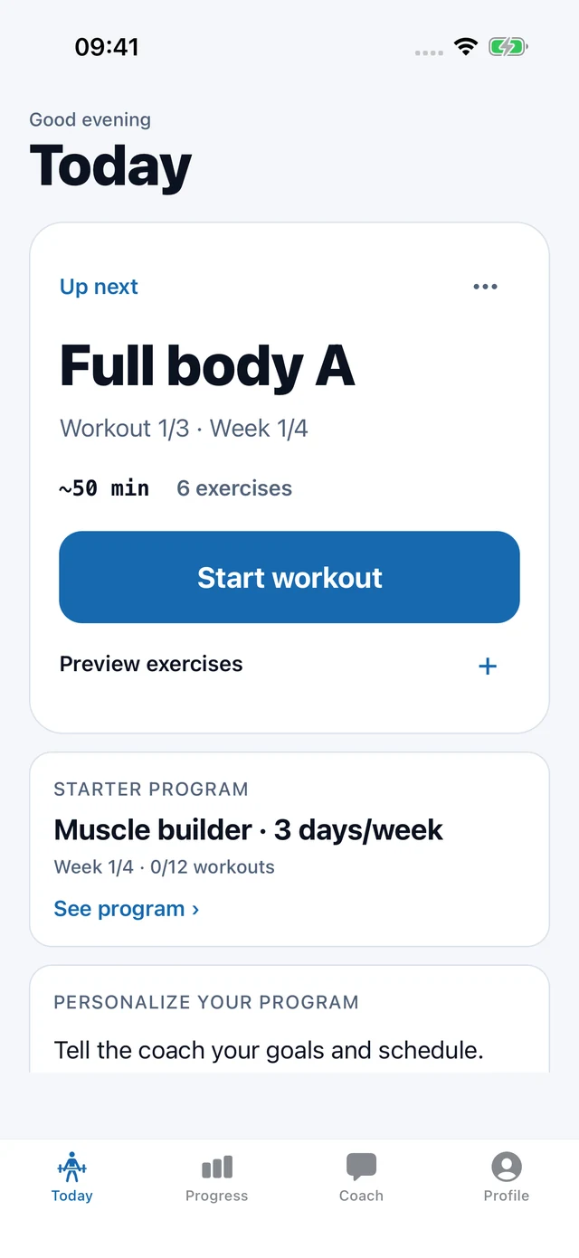 MyFitEra Today screen with the next workout, exercise count and Start workout button.