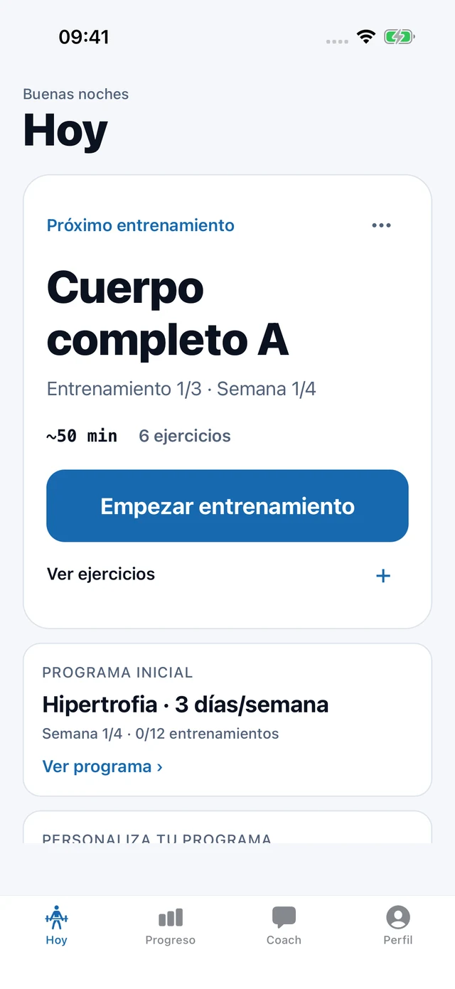 Pantalla Hoy de MyFitEra con el próximo entrenamiento, número de ejercicios y botón para empezar.