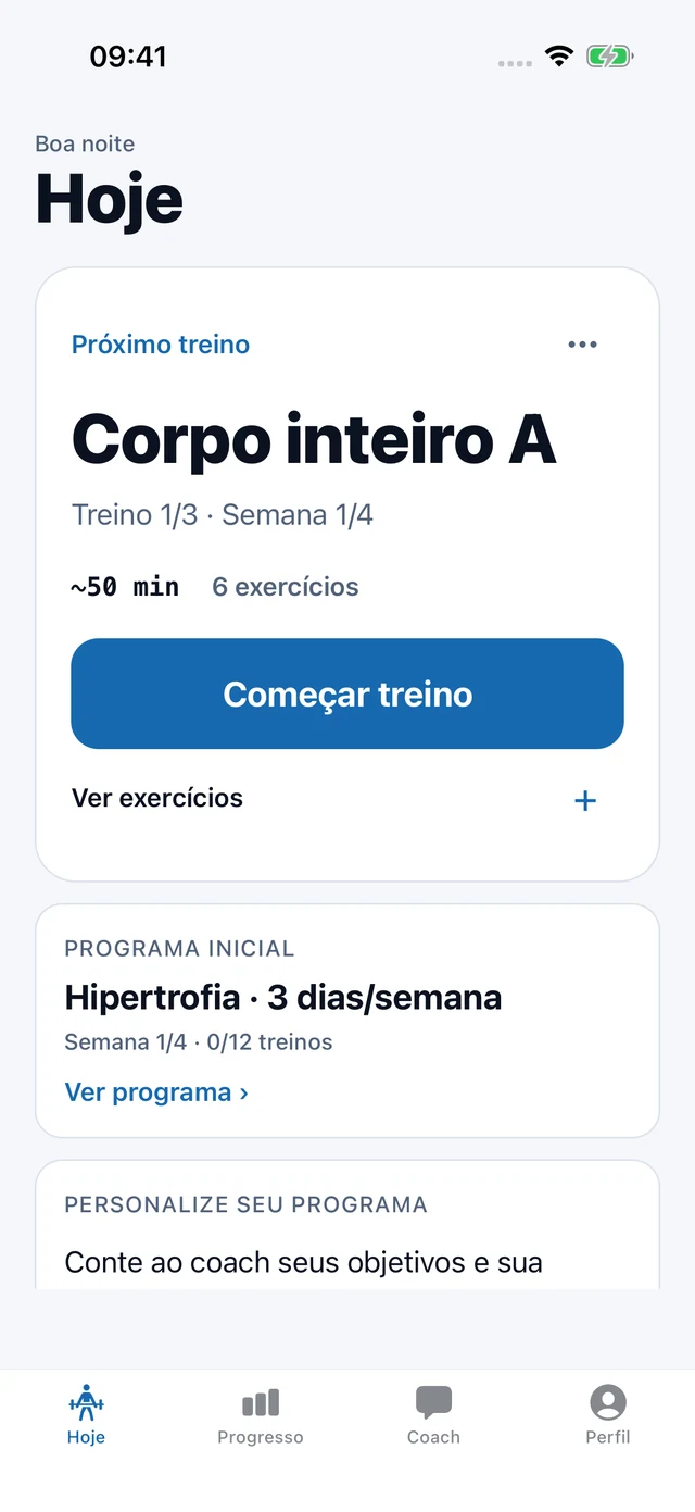 Tela Hoje do MyFitEra com o próximo treino, número de exercícios e botão para começar.